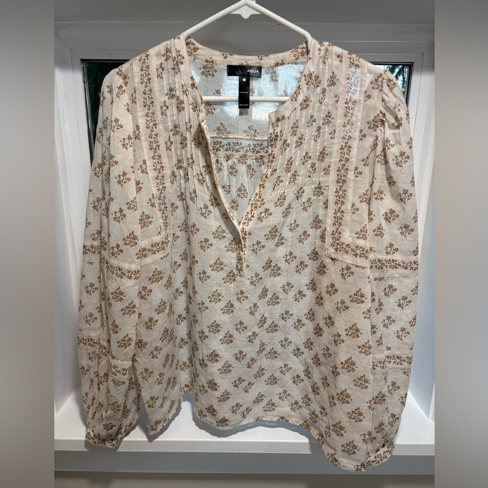Aqua Floral Cream Blouse Top - Small